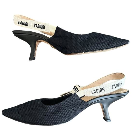 Christian Dior Women’s J’Adior Ribbon Black Cloth Point Toe Kitten Heels Sz 37 - Picture 11 of 12